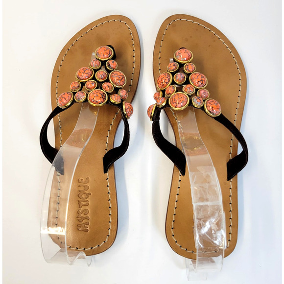 Mystique Boho Thong Sandals Shoes Womens 7 Brown Suede Orange Stone Flat Artsy - Picture 8 of 16